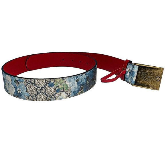 Gucci Supreme Double GG Canvas Blue Blooms Belt Brass Tiger Head Buckle Size 80 - Picture 5 of 9